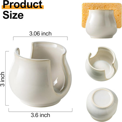 Sponge Holder for Kitchen Sink Counter, Ceramic Dish Sponge Caddy White Sink Organizer Dish Rack Farmhouse Brush Holder for Bathroom, Kitchen, White