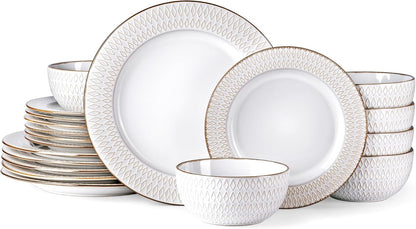 GBHOME Ceramic Dinnerware Sets,18 pcs Embossed Elegant Stoneware Plates and Bowls Sets, Housewarming Wedding Gift | Dishwasher & Microwave Safe | Dishes Set Service for 6