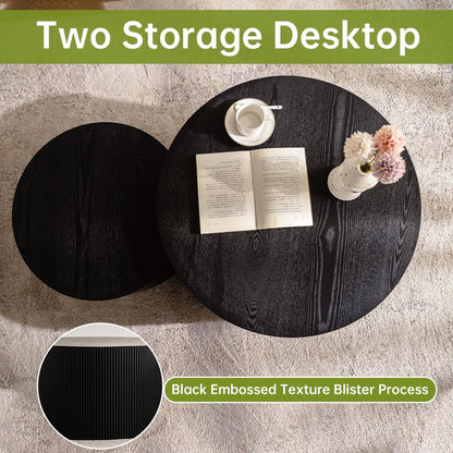 Round Nesting Coffee Table Modern Black Fluted Coffee Table Set of 2 Stripe Round Coffee Tables Drum Crescent Side Table Accent End Table for Living Room (Black B Large)