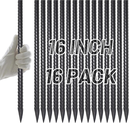 AAGUT 16 Inch Rebar Stakes Heavy Duty 16 Pack 3/8" Diameter Landscape Timber Spikes, Straight Stakes with Chisel Point End, Ground Anchors for Camping Tent, Garden Plant Support, Concrete, Black