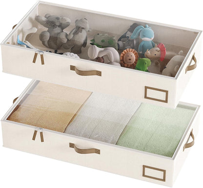 Under Bed Storage Containers, 2-Pack Underbed Storage Box, Collapsible Clothes Storage Bins with Handles and Lid, Medium Under Bed Organizers for Shoe, Blanket, Toy, Pillow, Sheet, Beige