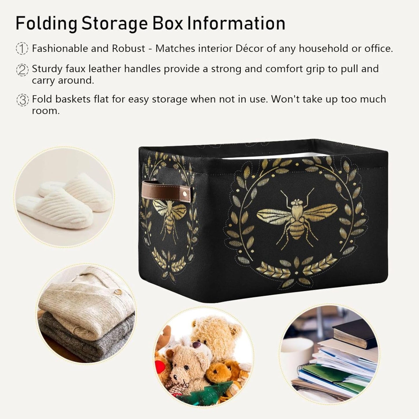 susiyo Storage Baskets for Shelves Organizer Baskets with Metal Frame Closet Storage Bins Fabric Bins Cubes with PU Handles for Organizing Shelf Nursery Toys 2 PACK,Gold Bee Floral