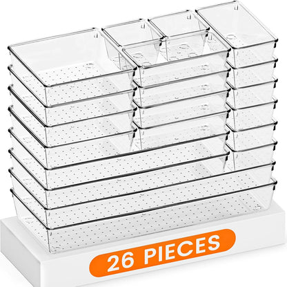 Criusia Drawer Organizer, 26 Pack Clear Plastic Drawer Organizer Bins, Versatile Organization and Storage Trays for Kitchen, Bathroom, Vanity Makeup and Office