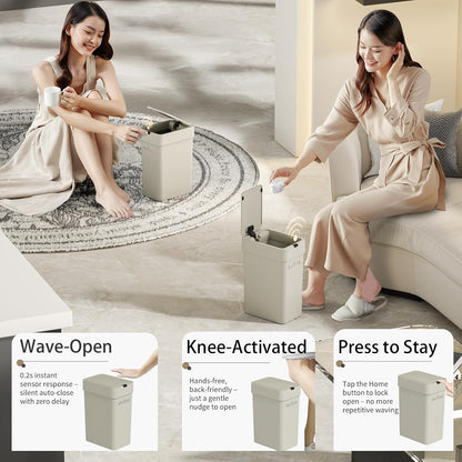 MRBIN Motion Sensor Bathroom Trash Can with Lid, 9L/2.4gal Automatic Plastic Slim Covered Electric Waste Basket, Narrow Rectangle Garbage Bin Under Desk for Small Office, Bedroom, Kitchen, Rv, Gray