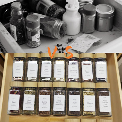 Spice Drawer Organizer with 24 Bamboo-lidded Spice Jars and 216 Labels,Non-slip Rubber, Bamboo 4 Tier Spice Racks Tray Seasoning Containers for Kitchen Drawers,Cabinets,13" Wide * 15.8" Deep