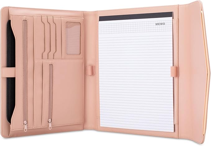 FOREVERMORE PORTFOLIOS Padfolio Binder Organizer for Women | Faux Leather Portfolio Folder for Resume, Documents, Notebook, Tablet and Business Cards | Notepad Included - Pink with Gold Edge