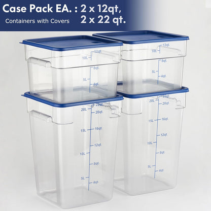 CURTA 4-Pack Food Storage Containers with Blue Lids - 12 Qt & 22 Qt Square Clear Polycarbonate - NSF Listed, Commercial Grade, Freezer & Dishwasher Safe, Stackable