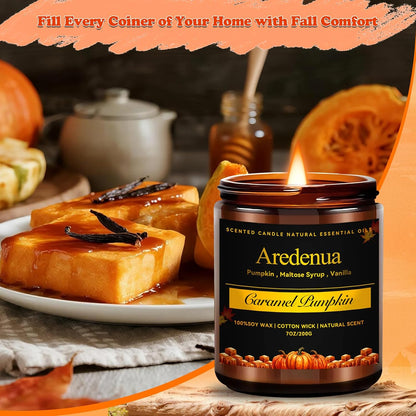 Fall Candles - Caramel Pumpkin Candle | Halloween Pumpkin Candles - Autumn7 OZ Autumn Soy Candle for Home Scented - Cozy Autumn Home Décor, Perfect Halloween & Thanksgiving Gift