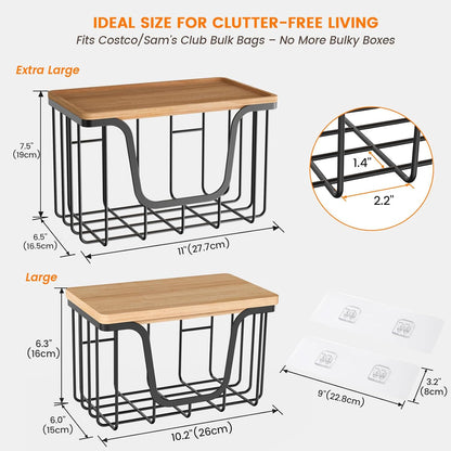 KONE Trash Bag Holder, 2 Pack Garbage Bag Dispenser, Storage Stackable Kitchen Organizer with Bamboo Top, Wall Mount Laundry Pantry Organization Black