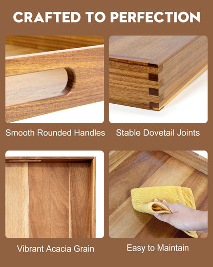 20 Inches Square Acacia Wood Ottoman Tray, Extra Large Wooden Serving Tray with Handles for Living Room, Serving Food Breakfast, Ottoman Coffee Table Couch Sofa Kitchen