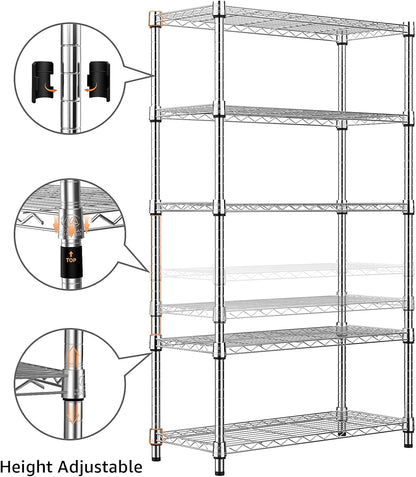 1250 lbs Steel Heavy Duty 5-Tier Utility Shelving Unit Steel Organizer Wire Rack for Home,Kitchen,Office,Chrome (13.7" D x 23.6" W x 62.4" H)