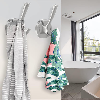 Brushed Nickel Wall Hooks, 6 Pack Coat Robe Hook Heavy Duty Metal Double Bath Hook Wall Mounted, Hand Towel Hooks for Cubicle Bathroom Kitchen Closet Garage