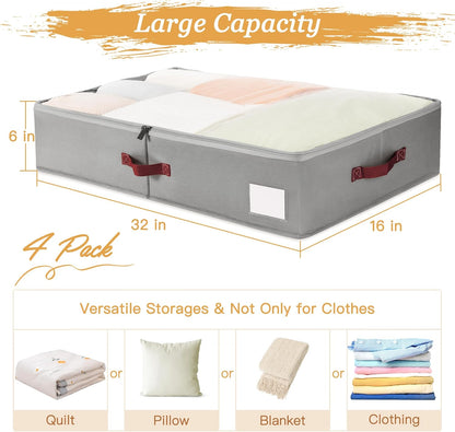 Criusia Under Bed Storage Bins with Clear PVC Lids – 4 Pack Large Underbed Organizers with Heavy-Duty Handles, Reinforced with 800G PP Panels & 80G Non-Woven Fabric – Waterproof & Foldable, Gery