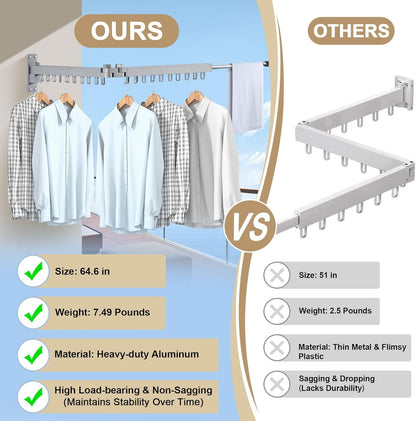 Bakala Clothes Drying Rack, Laundry Drying Rack Foldable, Heavy-Duty Space Saving Hangers, Wall Mounted Clothing Racks for Laundry Room Organization, Folding, Retractable 64" Clothes Dryer (Silver)