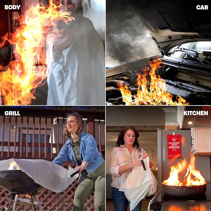 Prepared Hero Emergency Fire Blanket - 8 Pack - Fire Suppression for Kitchen, 40” x 40” Fiberglass Fire Blanket for Home