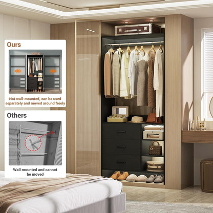 Aheaplus 2.5FT Closet System with 3 Drawers, 29.5’’ Closet Organizer, Wood Closet Organizer System, Walk-in Closet or Small Closets Wardrobe, Clothes Rack with Hanging Rods,-E6, Black