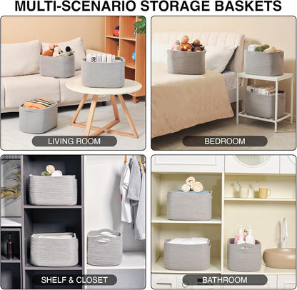 Storage Baskets for Organizing Shelves, Woven Cotton Rope Bins for Baby Nursery Organization, Book Toy Towel Organizer, 15"x11"x9.5", 3 Packs, Grey