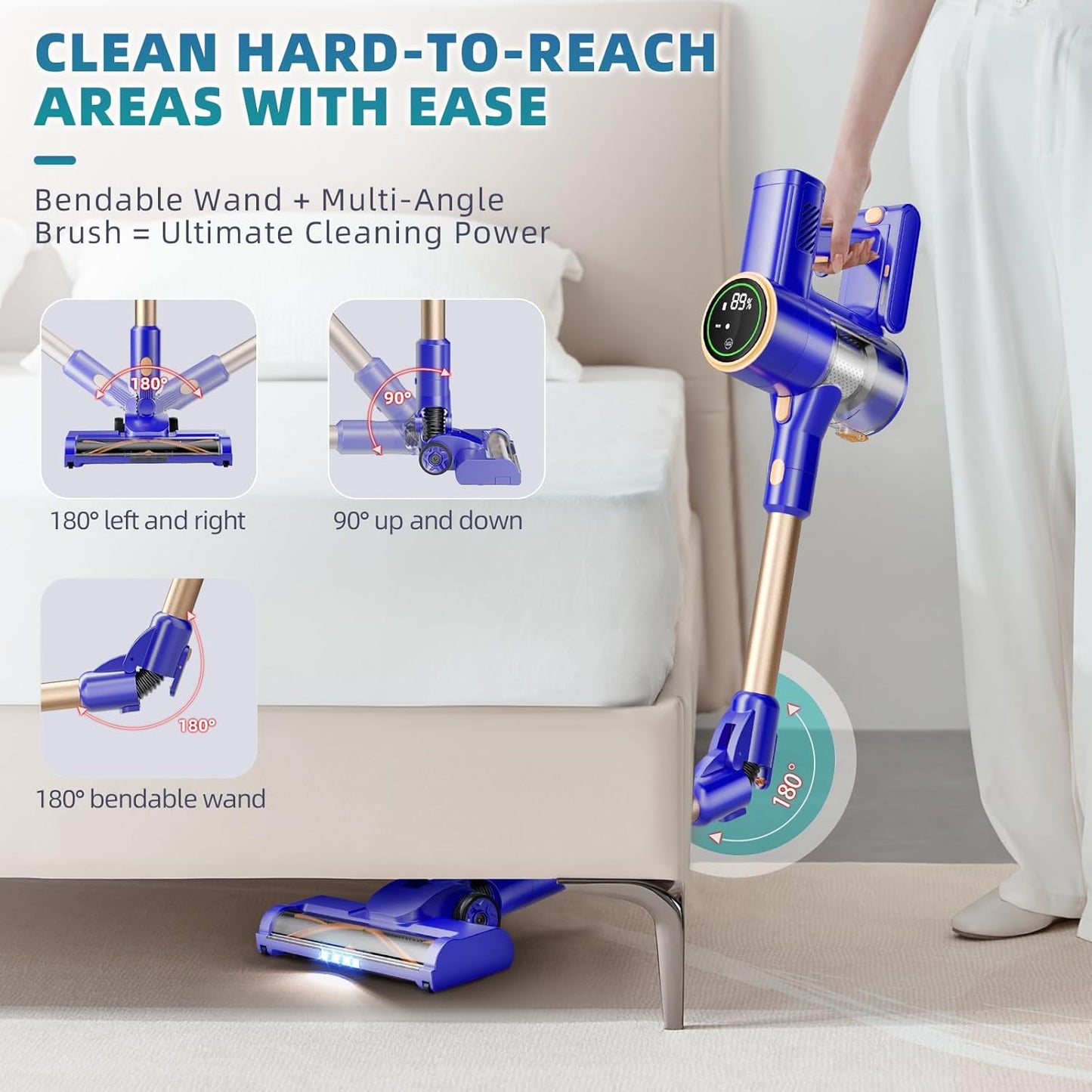 Cordless Vacuum Cleaner, 180° Bendable Wand Stick Vacuum Cleaners with Touch Screen, 8-in-1 Vacuum with Lightweight Rechargeable Battery, Longlasting Runtime for Home Hard Floor Low-Pile Carpet