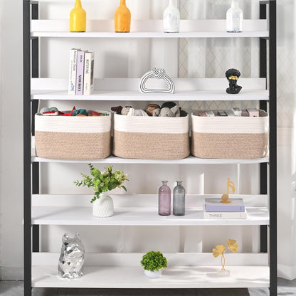 Large Storage Baskets for Organizing Shelves, Woven Cotton Rope Bins for Baby Nursery Organization, Book Toy Towel Organizer, 17"x13"x9.5", 3 Packs, Off White & Brown