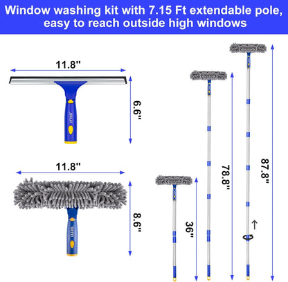 ITTAR Professional Window Cleaning Squeegee Kit, 7.15 Ft High Reach Cleaner Tool, Rotatable Window Washing Equipment with Extension Pole for Indoor/Outdoor Window, Glass, Car, 1 Blade 2 Scrubber