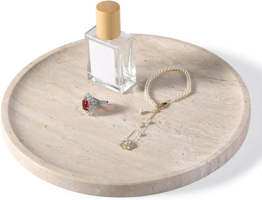 BCS Natural Travertine Tray, 9.8" Round Decorative Marble Vanity Tray for Bathroom Countertop, Kitchen Counter, Coffee Table, or Catchall, Stone Organizer for Jewelry, Perfume, Candles, Home Decor