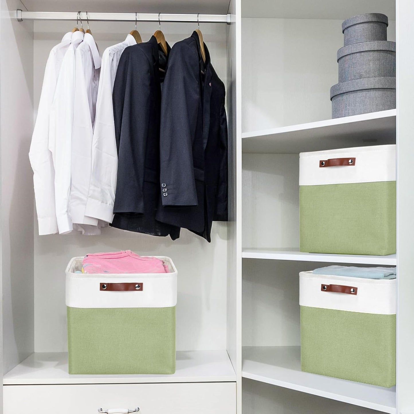 13x13 Cube Storage Bins, Collapsible Fabric Storage Box, 4 Pack Closet Baskets with Handles for Organizing, Shelf, Toys, Clothes, Home, Office, Nursery (Green&White)