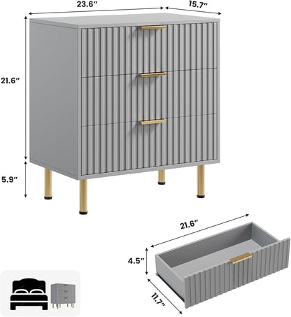 3 Drawer Dresser for Bedroom, Fluted Modern Nightstand with Deep Drawers, Chest of Drawers with Wide Top, Wooden Dresser Organizer, Side Table for Living Room, Hallway, Kids Room, Grey