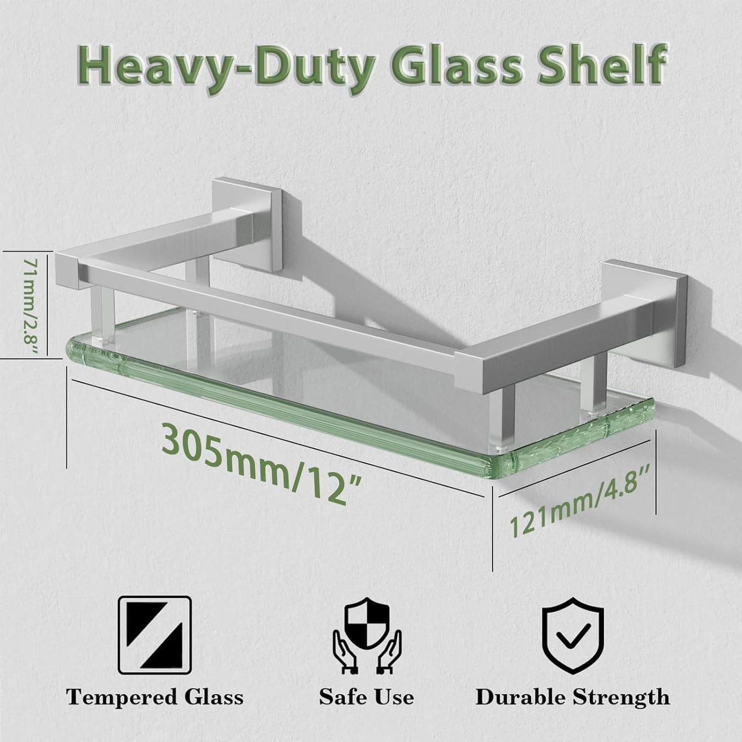 Alise Glass Shelves for Bathroom Wall, Tempered Glass Bathroom Shelf Wall Mounted, Modern Space Saving Floating Shelves 12 inch, Brushed Nickel