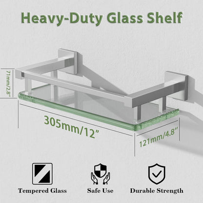 Alise Glass Shelves for Bathroom Wall, Tempered Glass Bathroom Shelf Wall Mounted, Modern Space Saving Floating Shelves 12 inch, Brushed Nickel