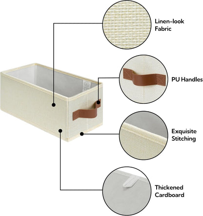 GRANNY SAYS Small Fabric Storage Bins, Storage Baskets for Shelves with PU Handles, Toilet Paper Storage, Mini Baskets for Organizing DVD, Photos, Clothes, Diaper, Sock, Cd, 3-Pack, Ivory