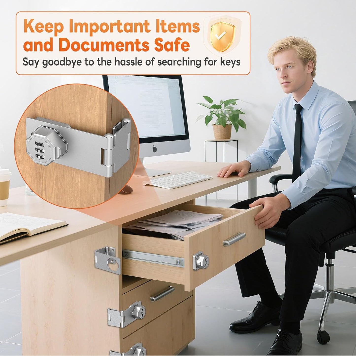 90 Degree 3-Digit Combination Cabinet Lock, Zinc Alloy Keyless Folding Hasp Lock Latch, Password Security Rotary Door Latch for Office File Cabinet, Drawer, Locker, Cupboard (2, Silver)