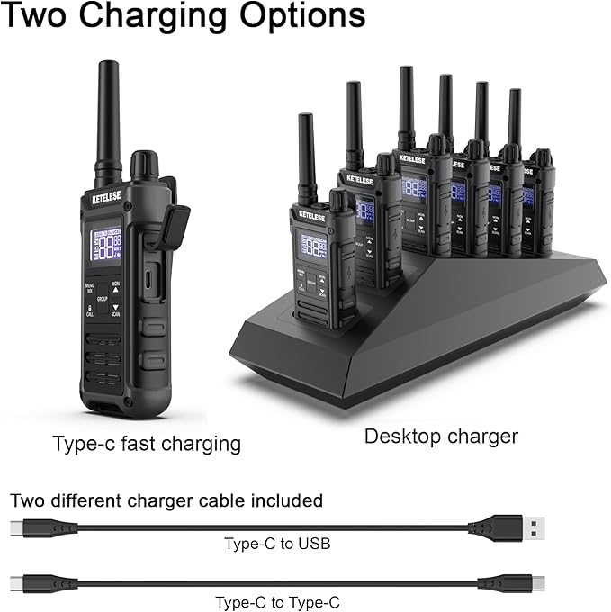 KETELESE T3G Heavy Duty Walkie Talkies, IP67 Waterproof Two Way Radio with Earpiece, Triple Proof, Three Charging Options, USB, NOAA, Emergency GMRS 2 Way radios(6 Pack), Black/Grey
