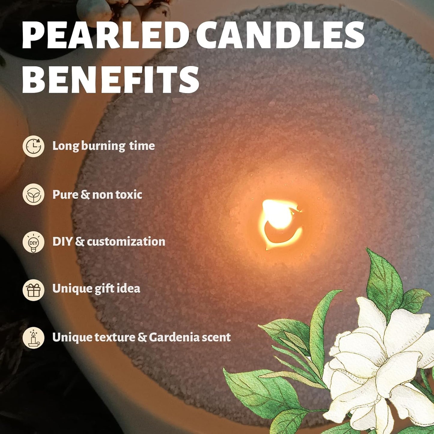 White Pearled Candle 18oz Luxury Sand Candle Granulated Wax - 30 Cotton Wicks - Gardenia Scented - Lasts up to 120 Hours