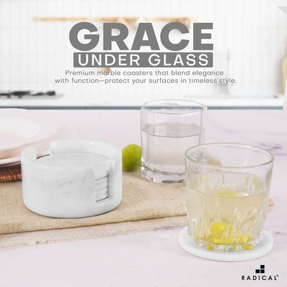 Marble Coasters Set of 6 White 3.5 Inch Round Coaster for Drinks with Holder, Drink Coaster for Tabletop & Coffee Table Decor, Ideal Home Decor House Warming Gifts