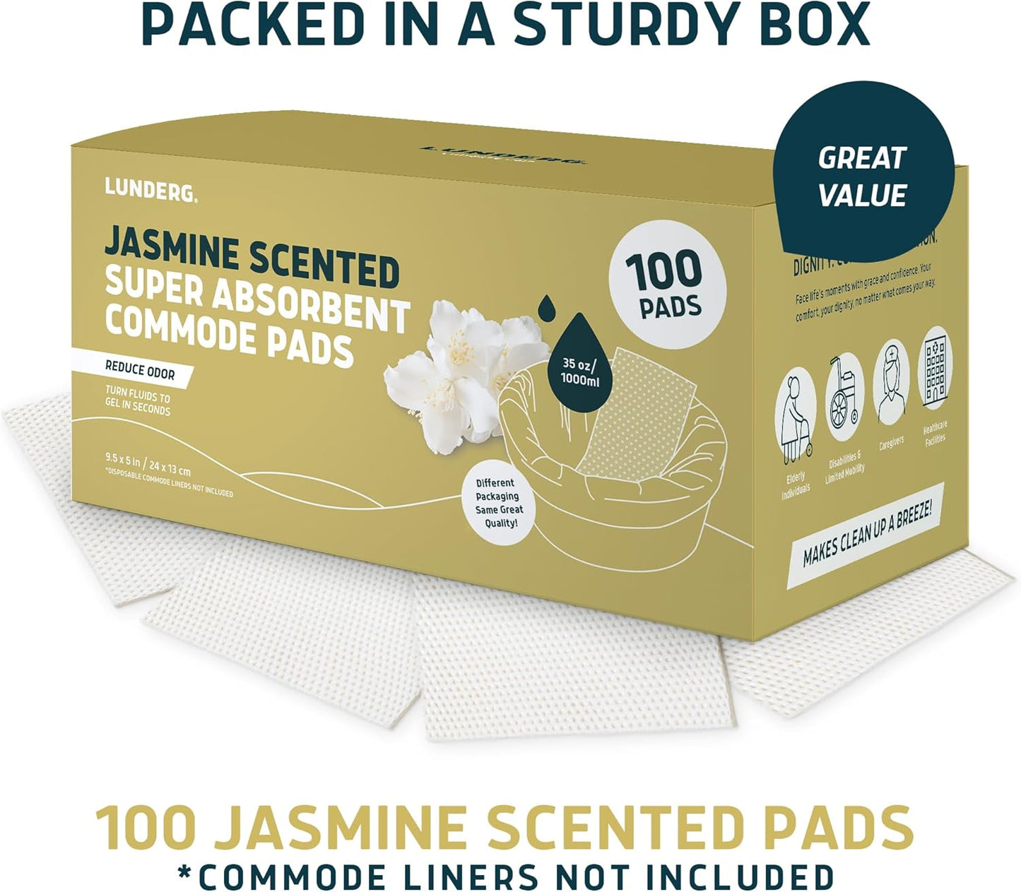 Lunderg Jasmine Scented Super Absorbent Commode Pads - Medical Grade Value Pack 100 Count - for Disposable Bedside Commode Liners, Adult Chairs, Portable Buckets & Camping Toilet Bags - Light Scent
