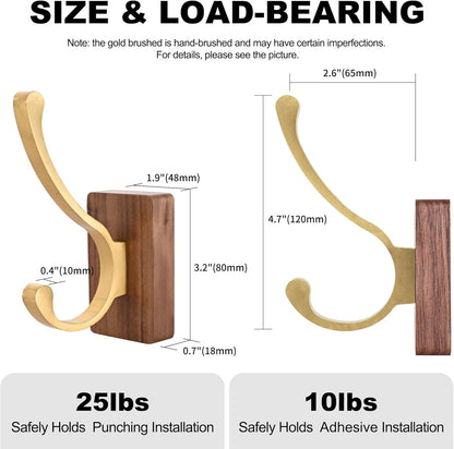 4 Pack Wooden Wall Hooks for Hanging, Adhesive Mounted & Wall Mount Nature Wood Coat Hook for Towel Clothes Blanket Hat Backpack Robe Nursery Door Board Entryway Key Holder Brushed Gold
