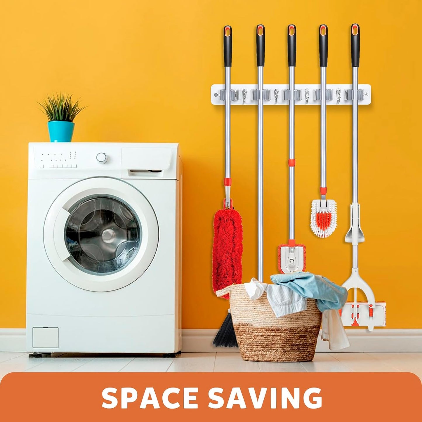 IMILLET Broom Holder Wall Mount, Wood Broom Holder with 5 Racks and 4 Hooks Broom Organizer, Laundry Room Organization and Storage, Mop Hanger for Home Organization, Garden, Garage, Closet (White)