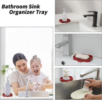 Silicone Bathroom Soap Dishes with Drain Spout-Bathroom and Kitchen Sink Organizer,Sponge Holder,Dish Soap Tray,Perfect for Dispenser,Scrubber,Bottle,Cup on Sink or Counter-Red 4.9"×3.2"