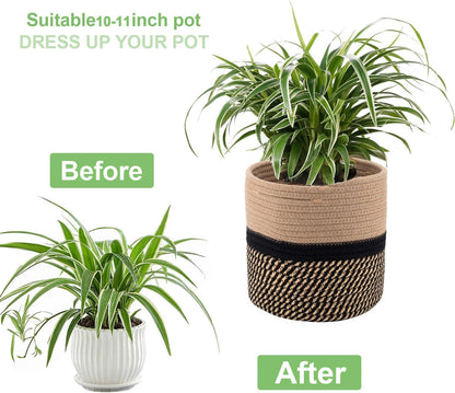 Woven Cotton Rope Plant Basket for 11" Flower Pot Floor Indoor Planters,Storage Organizer Basket Rustic Home Decor (11" x 11",Black and Brown Stripes)