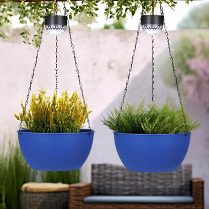 2 Packs Hanging Planters Basket for Outdoor Plants, Solar Powered Self Watering Blue Round Plastic Flower Pots with Drainer for Balcony Patio Garden Outdoor Decoration