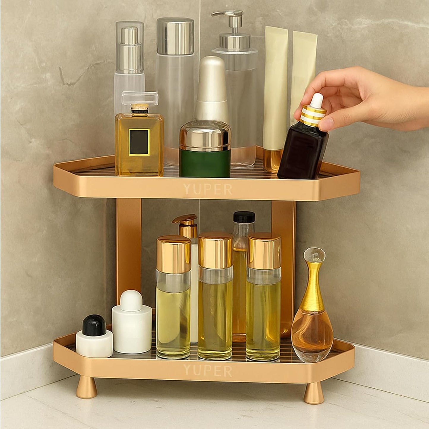 YUPER Bathroom Counter Organizer, 2-Tier Corner Bathroom Organizers and Storage, Makeup Storage Shelf Vanity Tray Perfume Organizer, Bedroom Corner Counter Storage Sink Shelf Gold