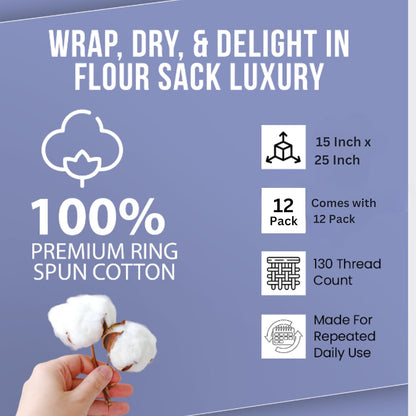 WHITEWRAP Flour Sack Towels| Tea Towel for Crafts| Kitchen Dish Cotton Blank Towel for Embroidery|Baking Bread Proofing Linen Cover| Thick Absorbent Quick Dry|12 Pack 15"x25" Natural