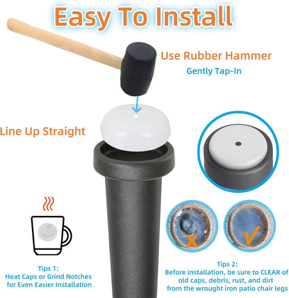 Wrought Iron Patio Furniture Feet Caps - Furnigear 1-1/2" Round Plastic Outdoor Chair Leg Caps, Floor Protectors for Metal Chairs & Tables, Patio Furniture Replacement Rubber Feet (White, 24 Pack)