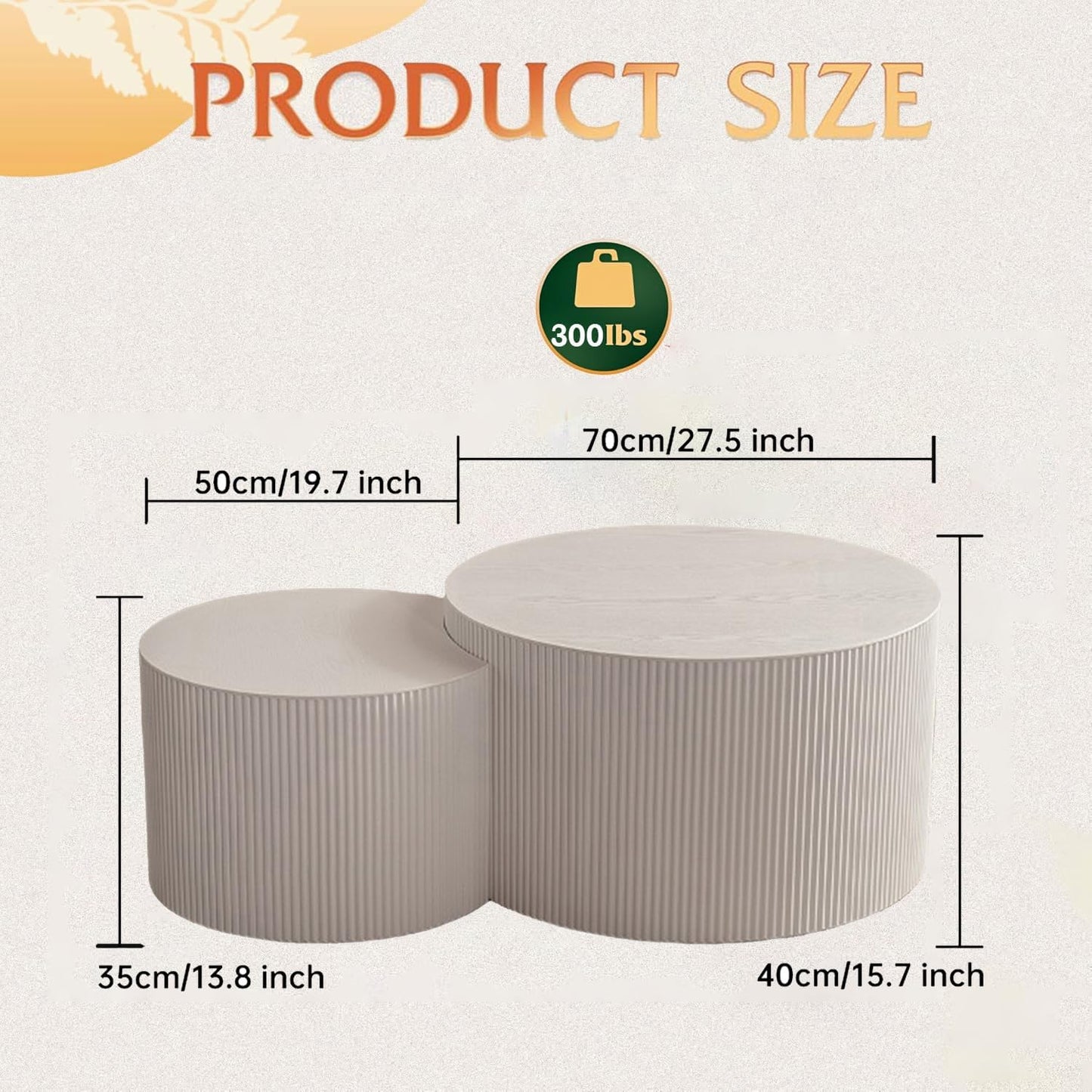 Round Nesting Coffee Table Modern Fluted Coffee Table Set of 2 Circle Drum Coffee Tables Small Round Accent Side End Table for Living Room No Assembly (White B 27in)