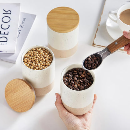 vancasso Sabine Ceramic Canister Set with Airtight Wood Lids - 4-Piece Small Kitchen Storage for Coffee, Sugar, Tea & Spices (18 oz Each) - Compact Countertop Jars