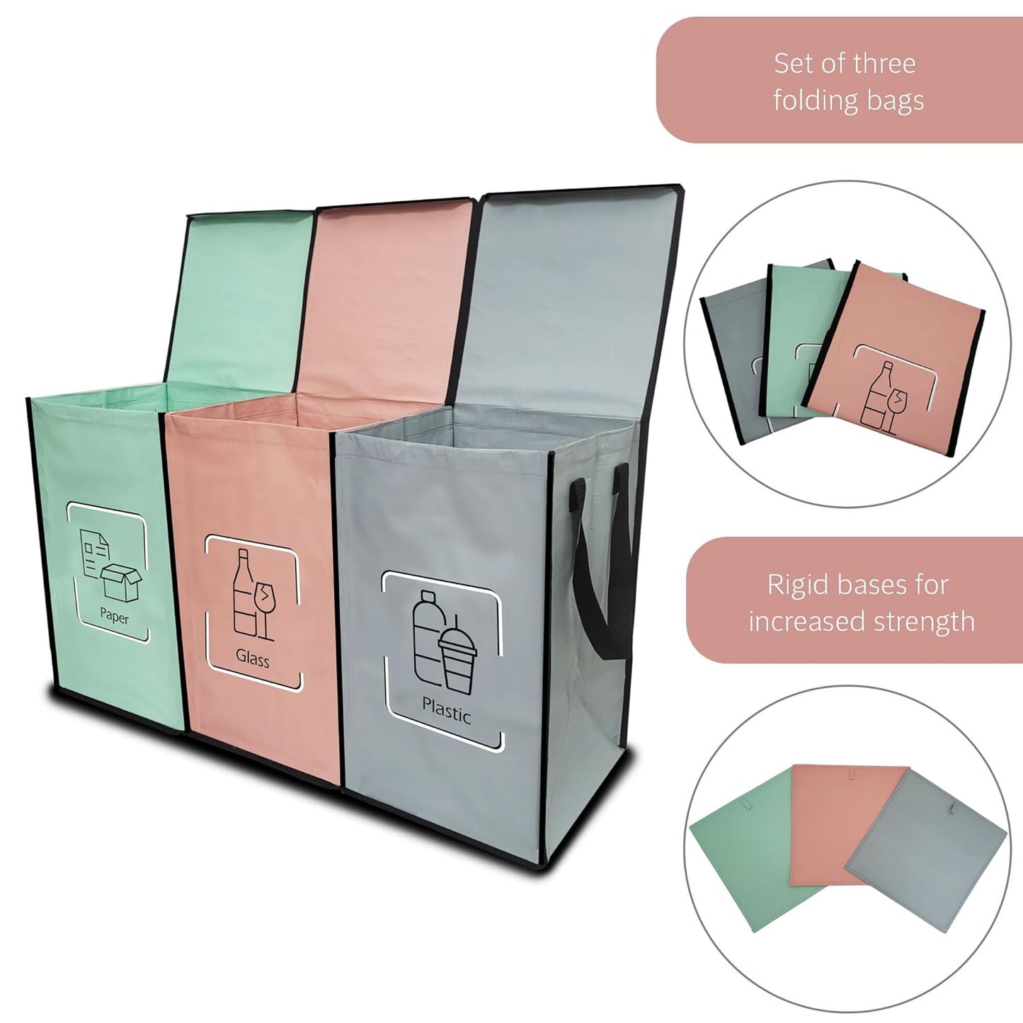 NYIKA - Recycling Organizer - Reusable Recycling Bags - Recycling Sorter - Trash Sorting Bins - 3 Compartment Recycle - Pack of 3 Bags with Lid (Mediterranean)