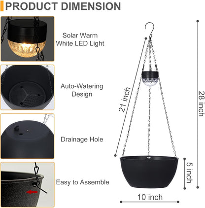2 Packs Hanging Planters Basket for Outdoor Plants, Solar Powered Self Watering Black Round Plastic Flower Pots with Drainer for Balcony Patio Garden Outdoor Decoration