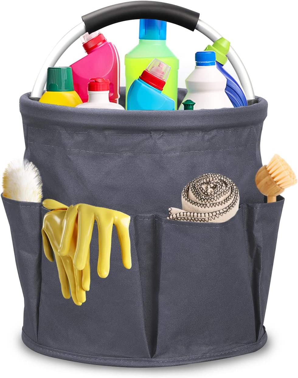 Qivine 17L Cleaning Caddy with Handle, Cleaning Supply Caddy Foldable Tool Bag Cleaning Products Organizers Portable Cleaning Bucket Organiser for Storing Towels (Dark Gray)