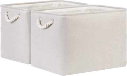 Bidtakay Large Fabric Storage Bins Beige Linen Closet Organizers Set of 2 Baskets for Shelves Clothes Bedroom 16x11.8x11.8 Inch Foldable Organization Baskets for Towels Blankets Storage Dog Toys