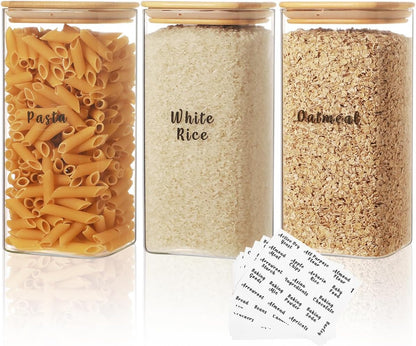 3 Pcs Square Glass Pantry Storage Containers with Bamboo Airtight Lid and 248 Clear Pantry Labels Preprinted - 52oz Thicken Glass Food Storage Jars for Coffee, Cookie, Tea, Sugar, Spice